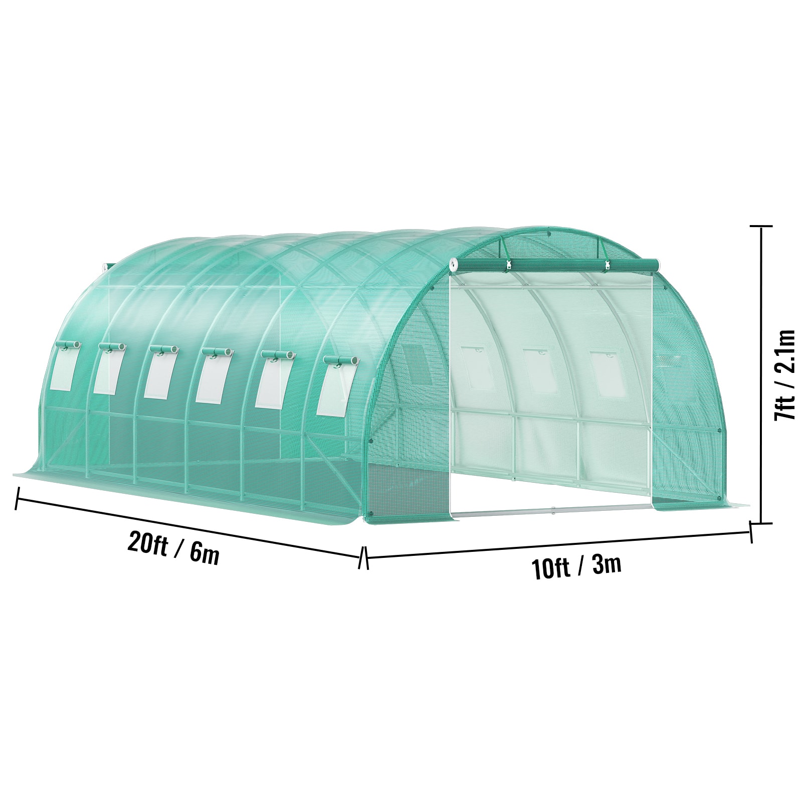 Walk-in Tunnel Greenhouse, 20 X 10 X 7 Ft Portable Plant Hot House W/ Galvanized Steel Hoops, 3 Top Beams, Diagonal Poles, 2 Zippered Doors & 12 Roll-up Windows, Green_maomaolike.com